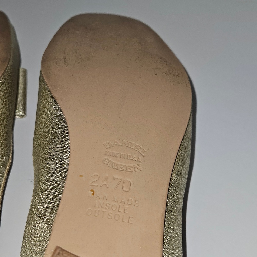 Rare VTG 60s Daniel Green‎ Gold Glitter Slippers Bow Lurex Heels US 7AA Narrow - Picture 11 of 14